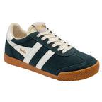 Gola Harrier suede trainers in deep green with white stripes and a gum sole