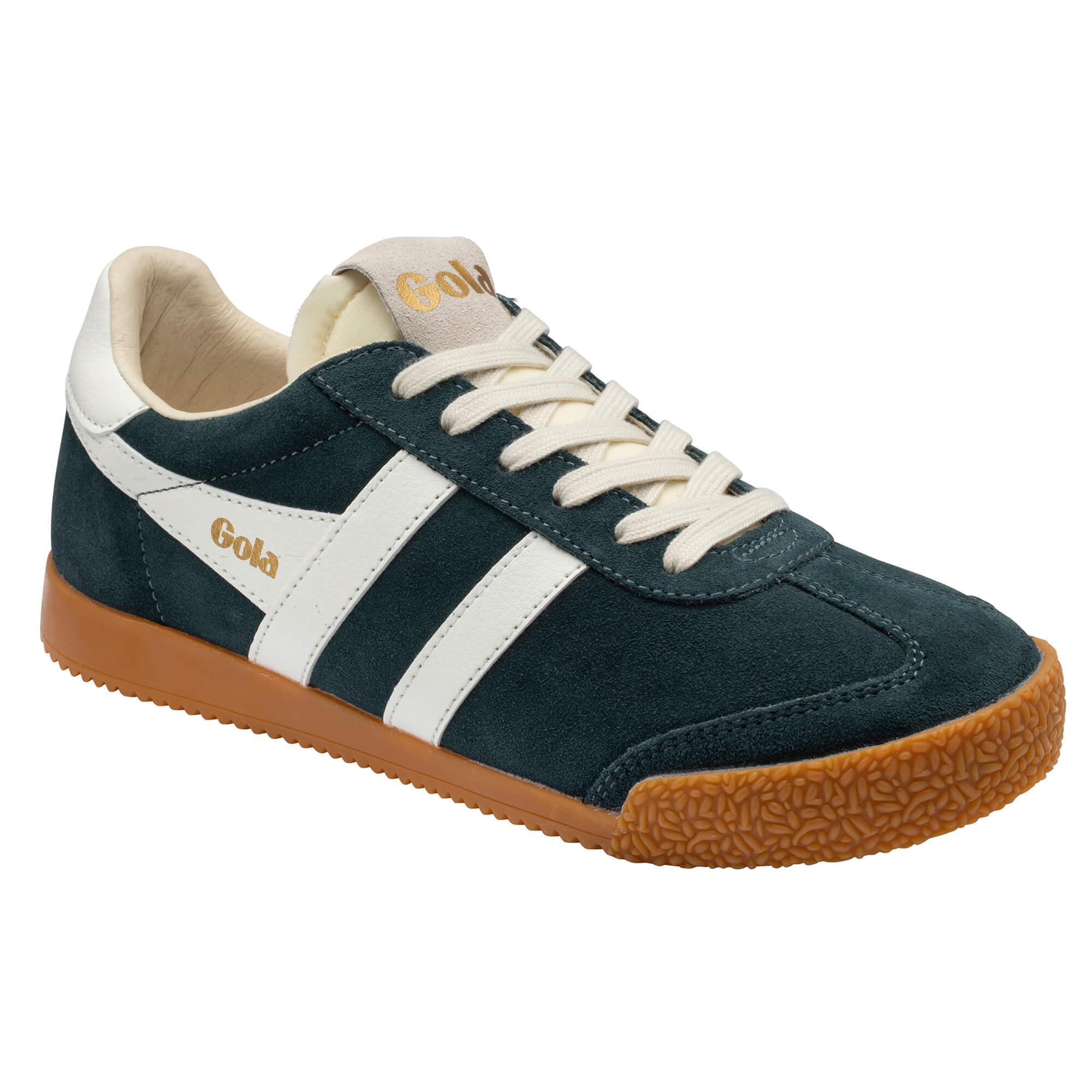Gola Harrier suede trainers in deep green with white stripes and a gum sole
