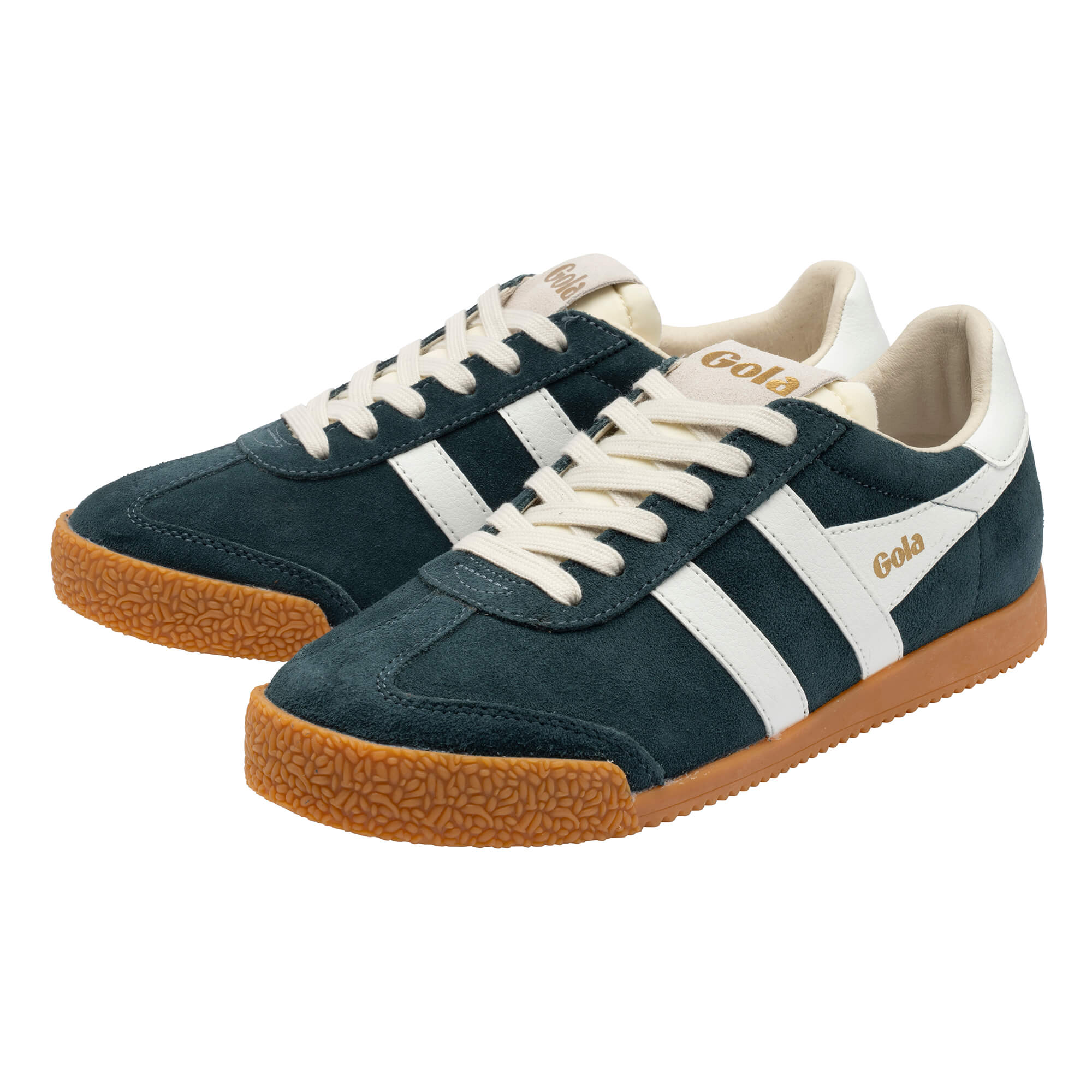 Pair of Gola Harrier trainers in deep teal suede with white stripes and gum sole