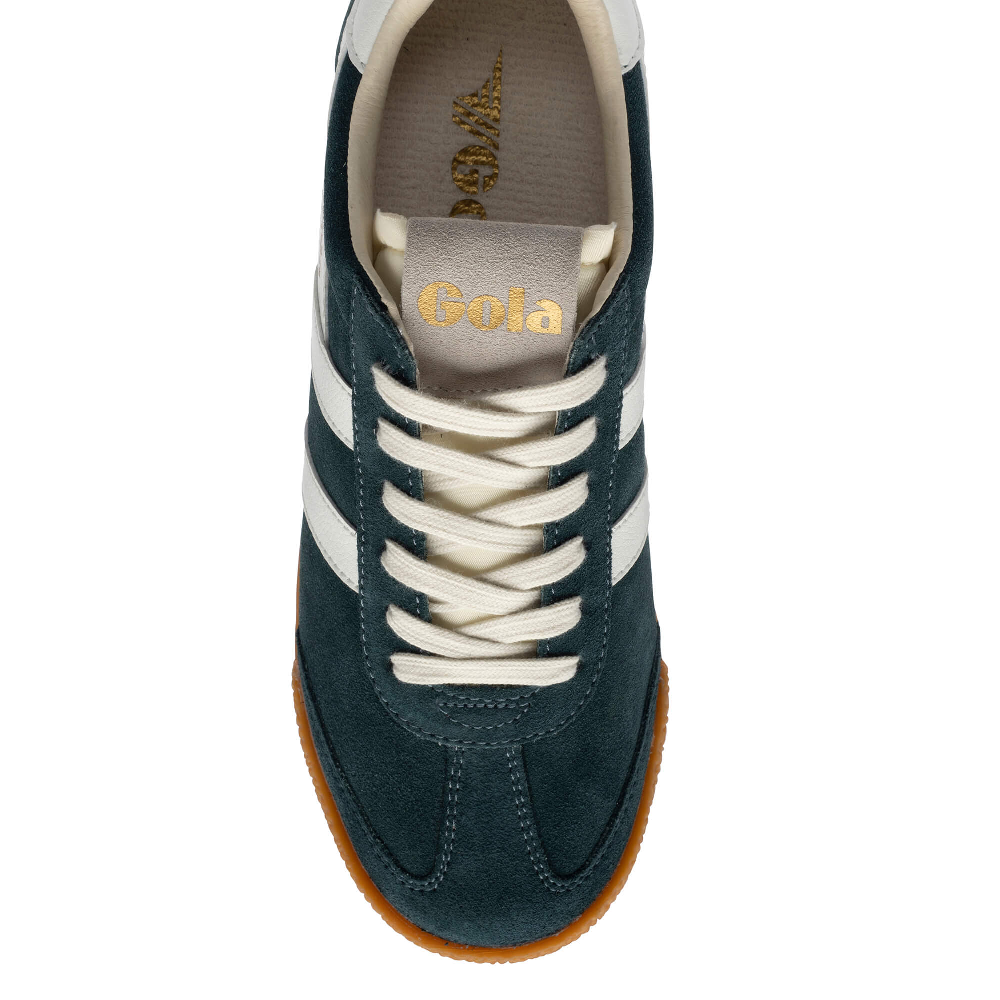 Gola Harrier suede trainers in deep green with white stripes and cream laces