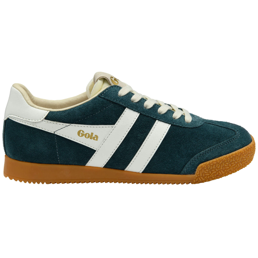 Gola Harrier suede trainers in deep teal with white stripes and a gum sole