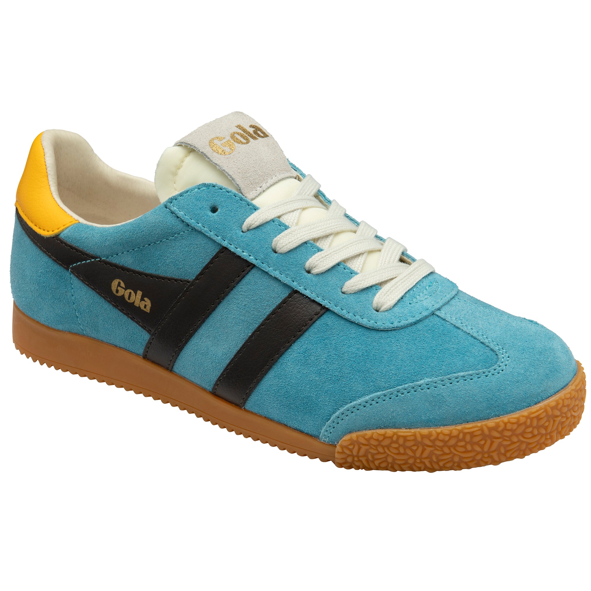 Blue trainer with black accents and yellow heel on a white background