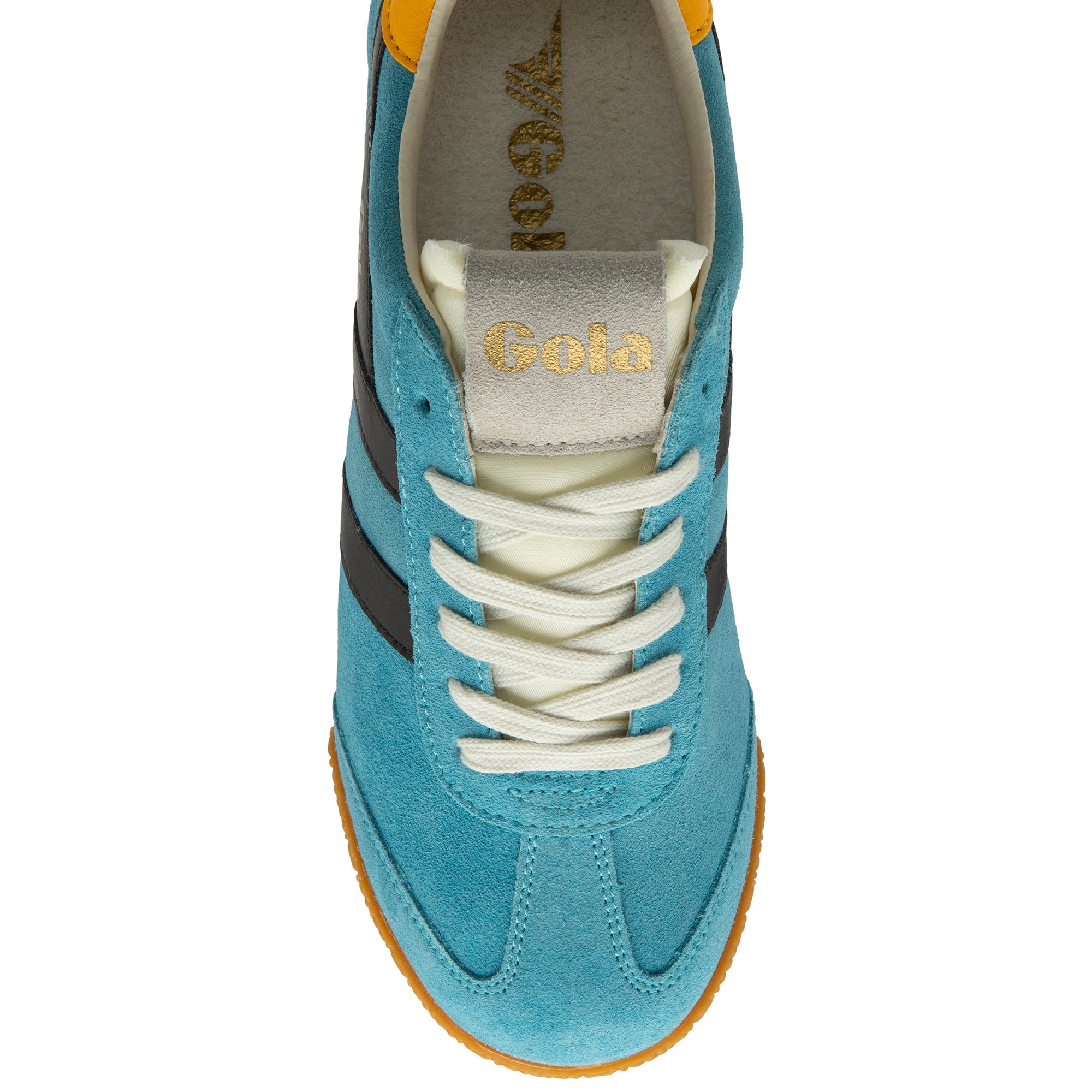 Blue trainer with white laces and gold 'Gola' branding on a white background