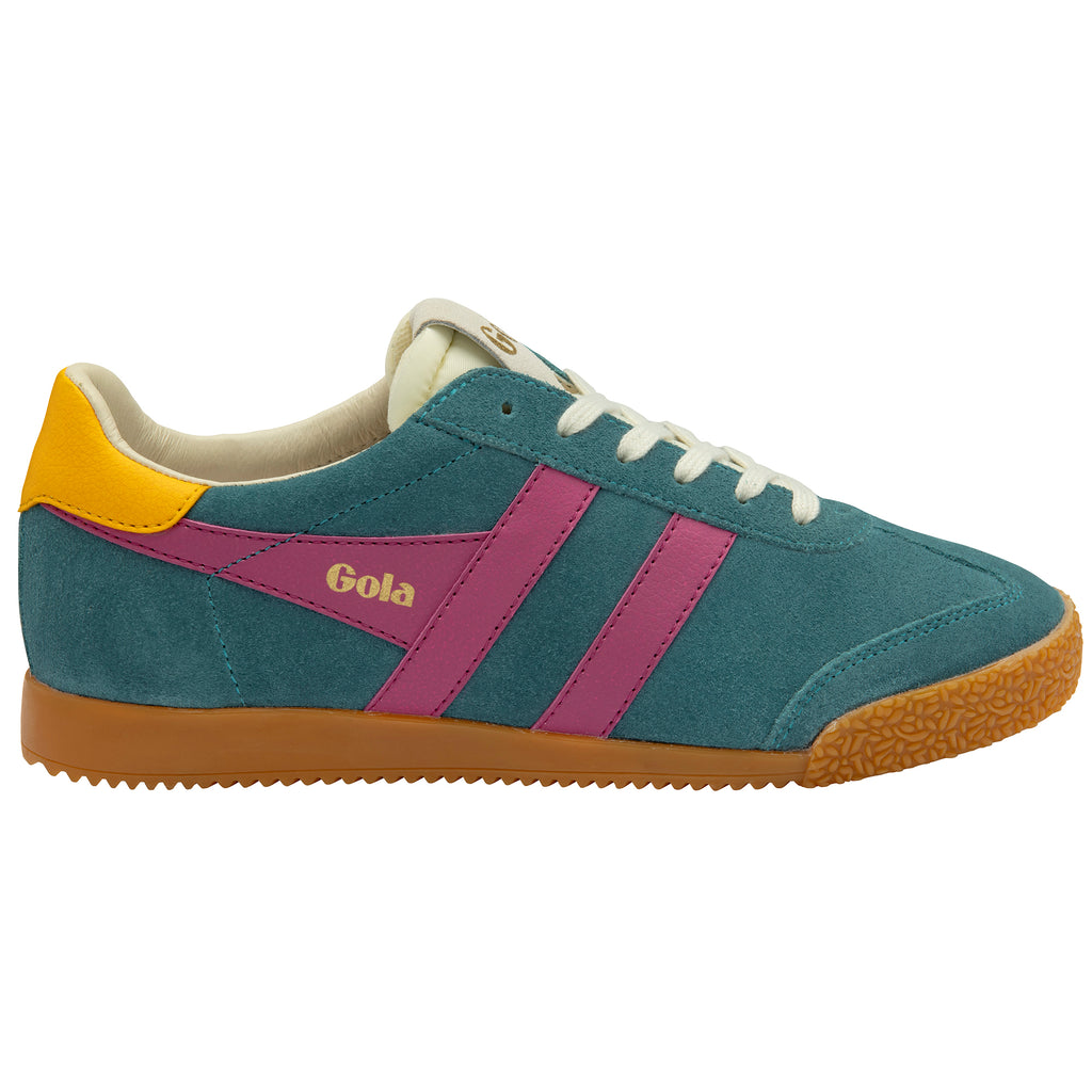 Blue trainer with pink stripes and yellow accents on a white background