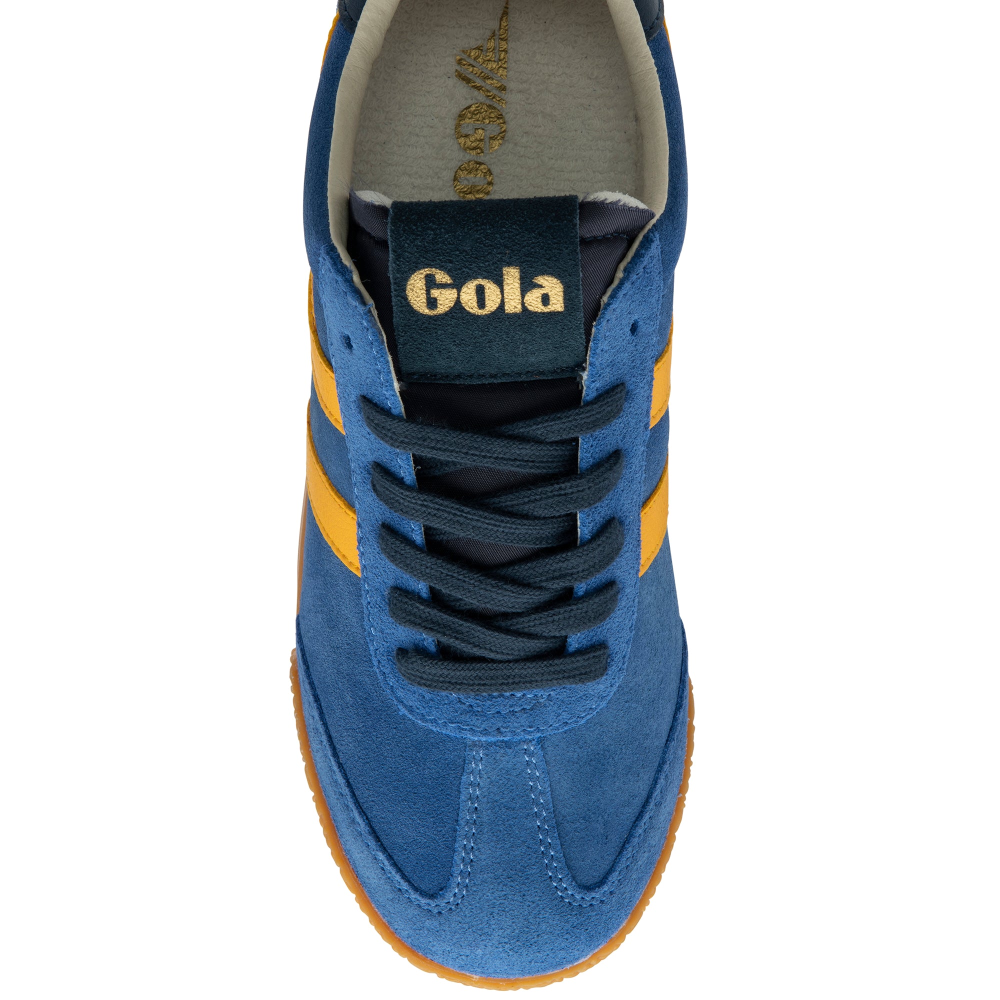 Blue trainer with yellow stripes and 'Gola' branding on a white background