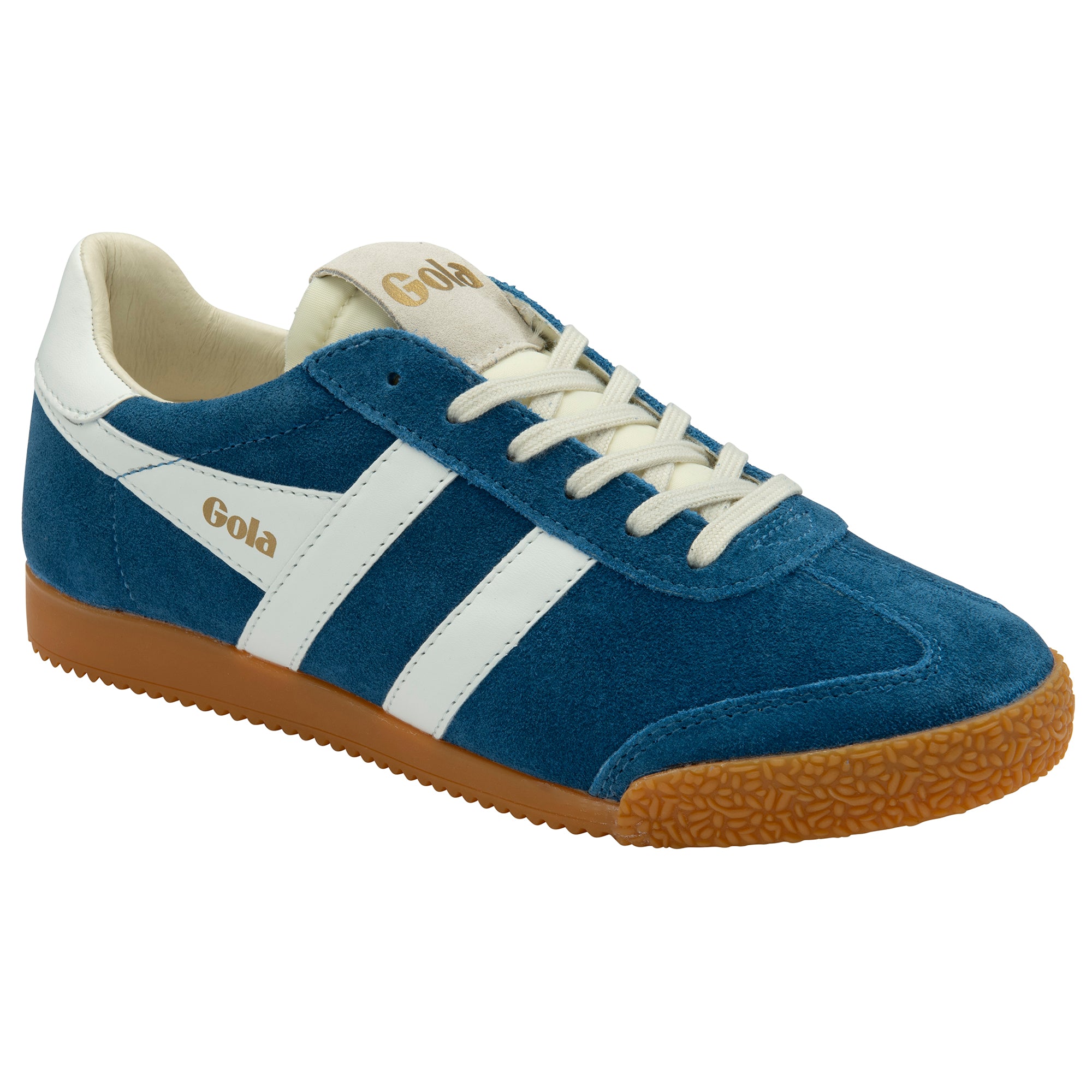 Blue Gola trainer with white stripes on a white background