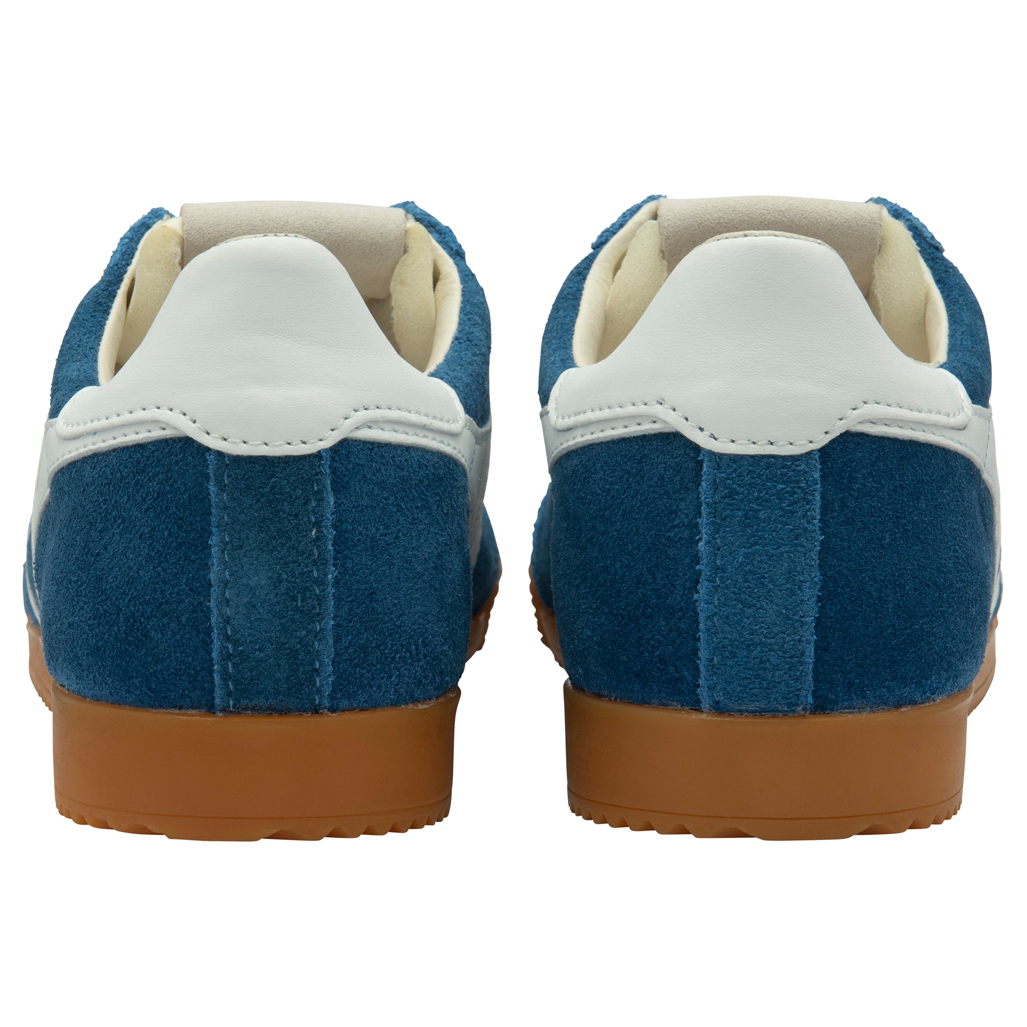 Blue trainers with white soles and brown soles on a white background