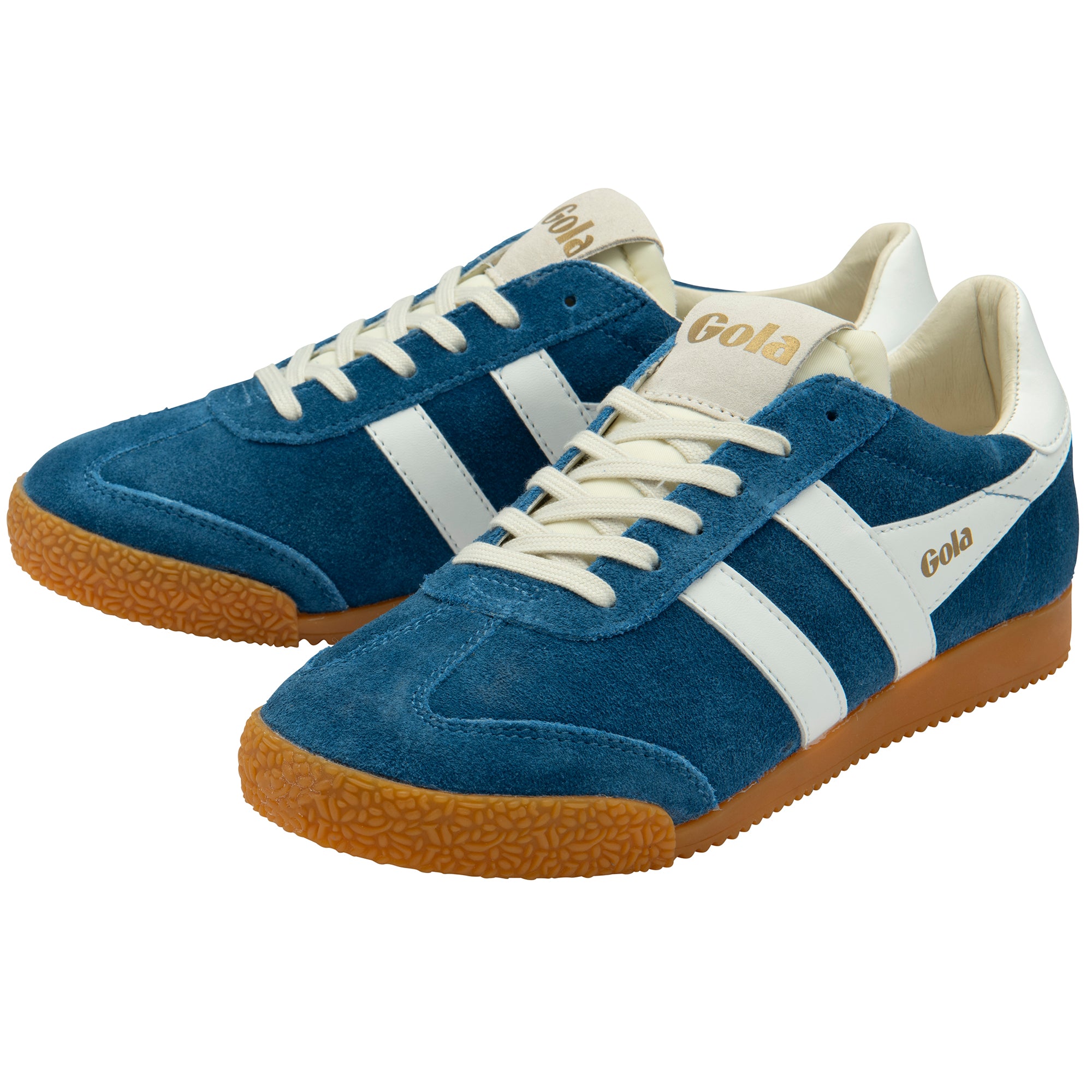 Blue trainers with white stripes and brown soles on a white background