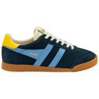 Navy blue trainer with yellow accents and brown sole on a white background