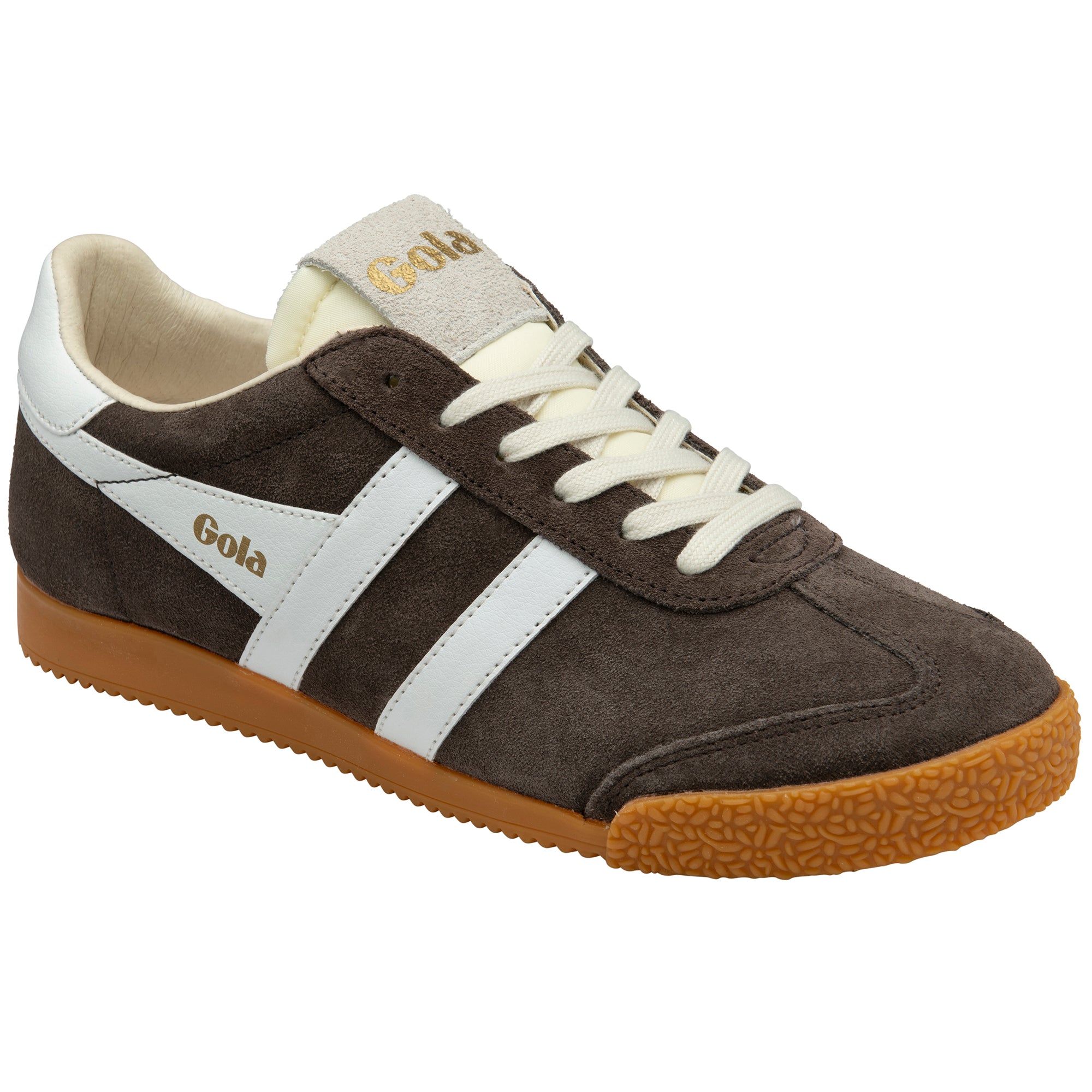 Brown and white trainer with 'Gola' branding on a white background
