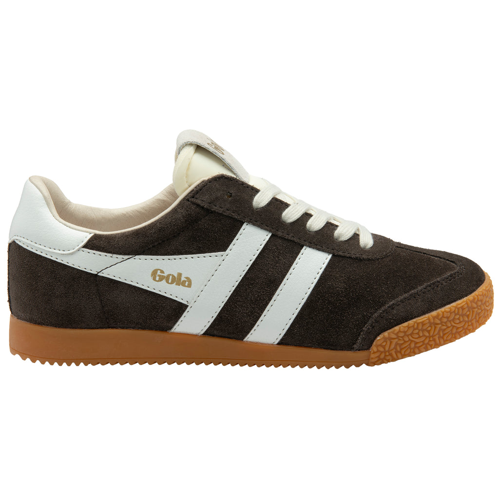 Brown and white trainer with 'Gola' branding on a white background