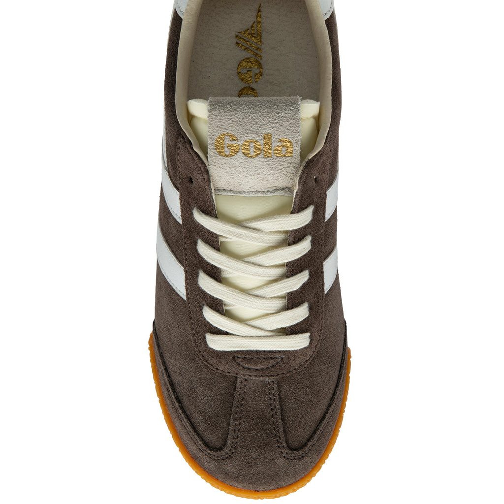 Brown trainer with white laces and sole on a white background