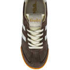 Brown trainer with white laces and sole on a white background