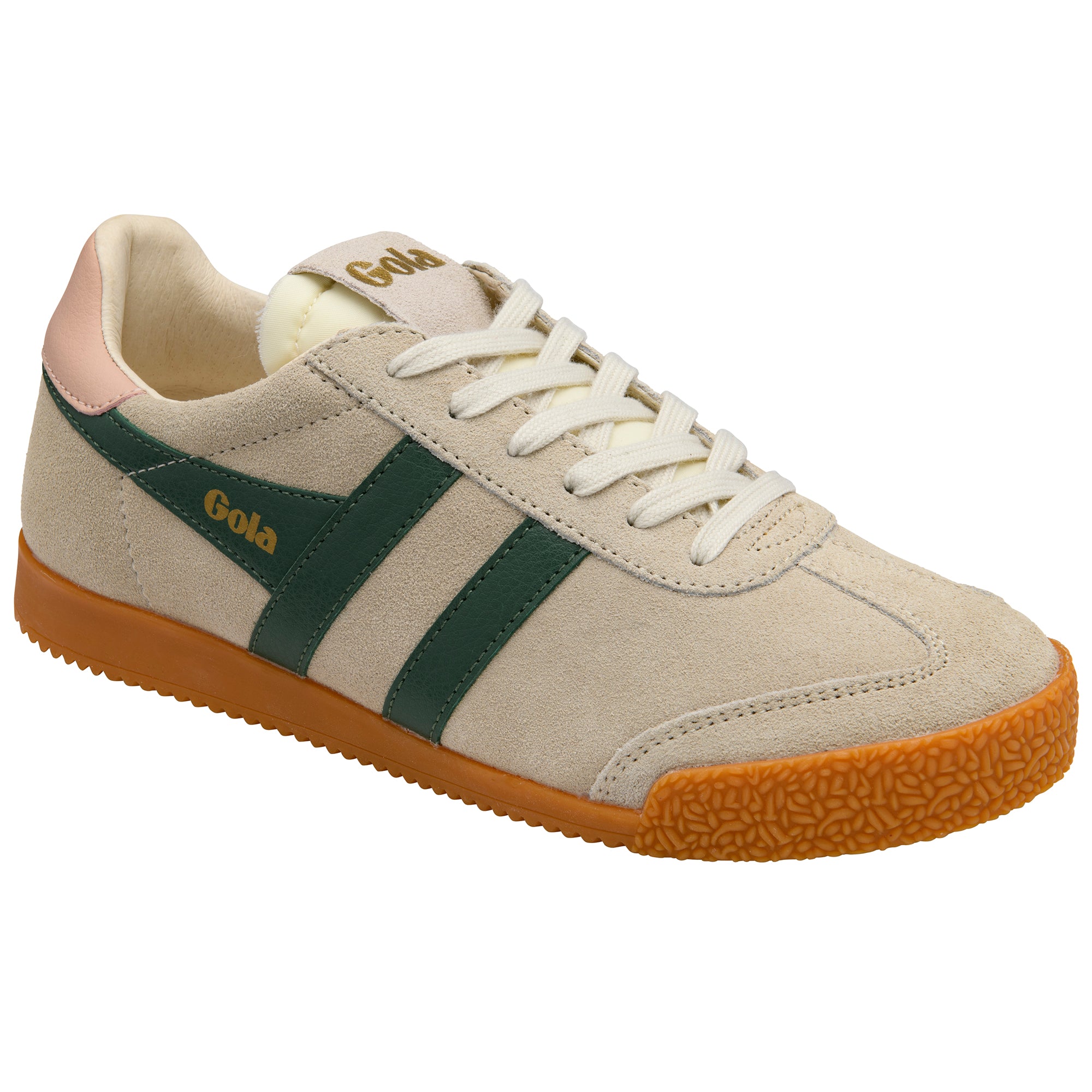 Beige trainer with green stripe and brown sole on a white background