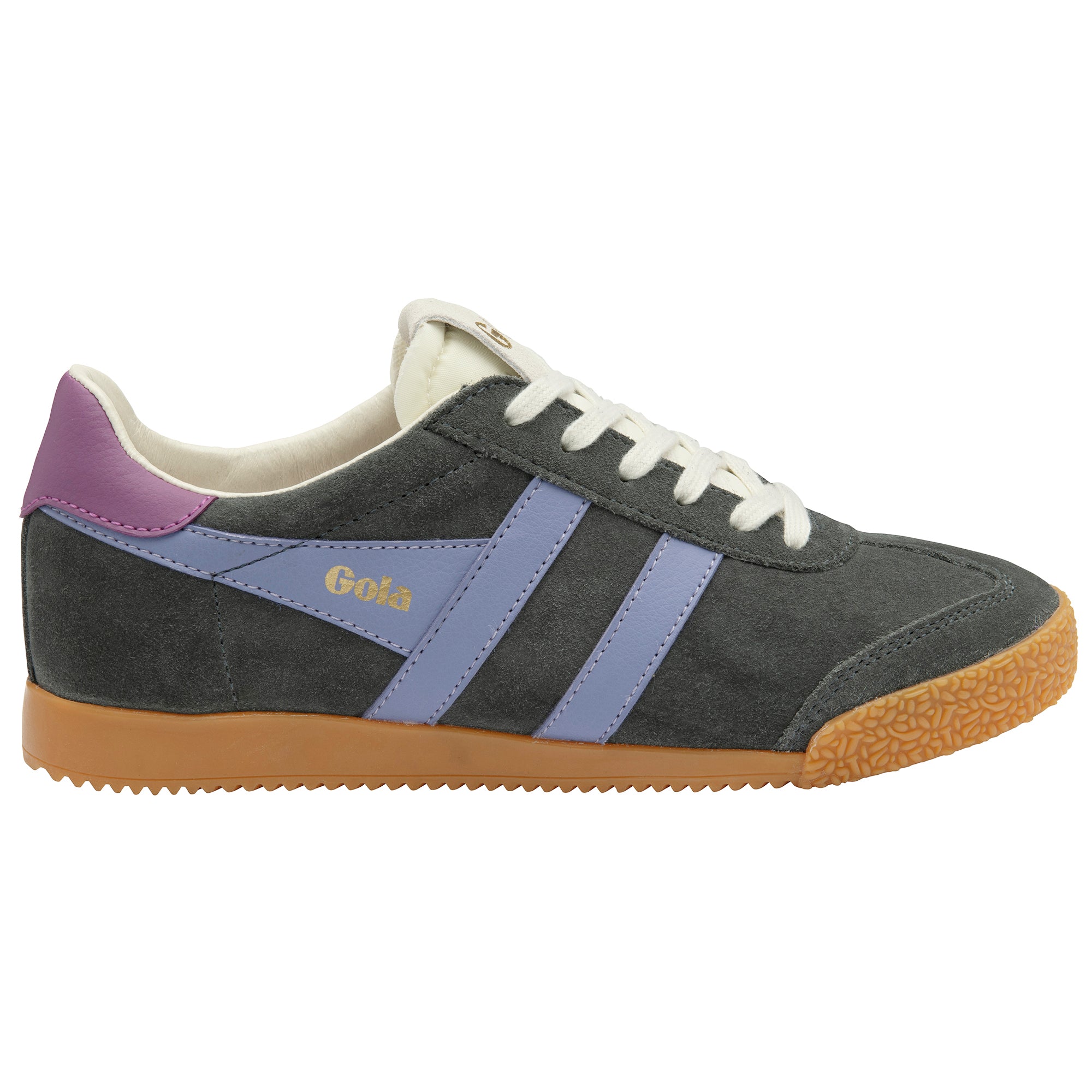 Grey trainers with white laces and 'Gola' branding on a white background