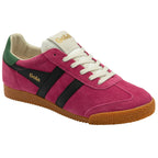Pink trainer with black stripes and brown sole on a white background