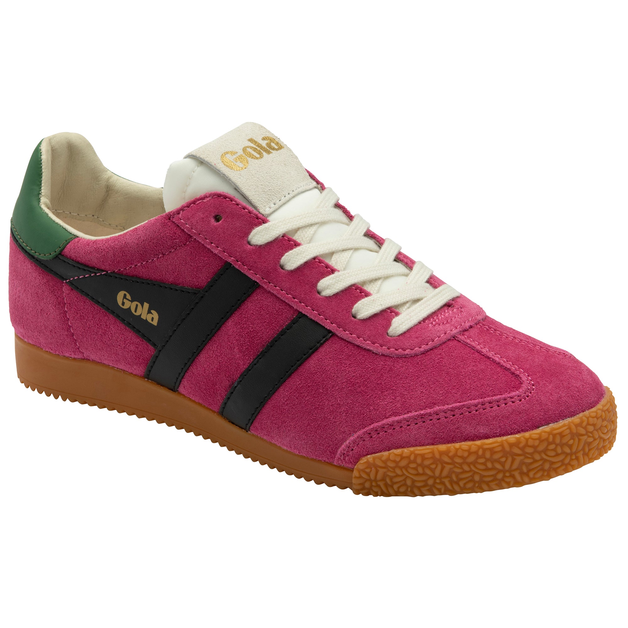 Pink trainer with black stripes and brown sole on a white background