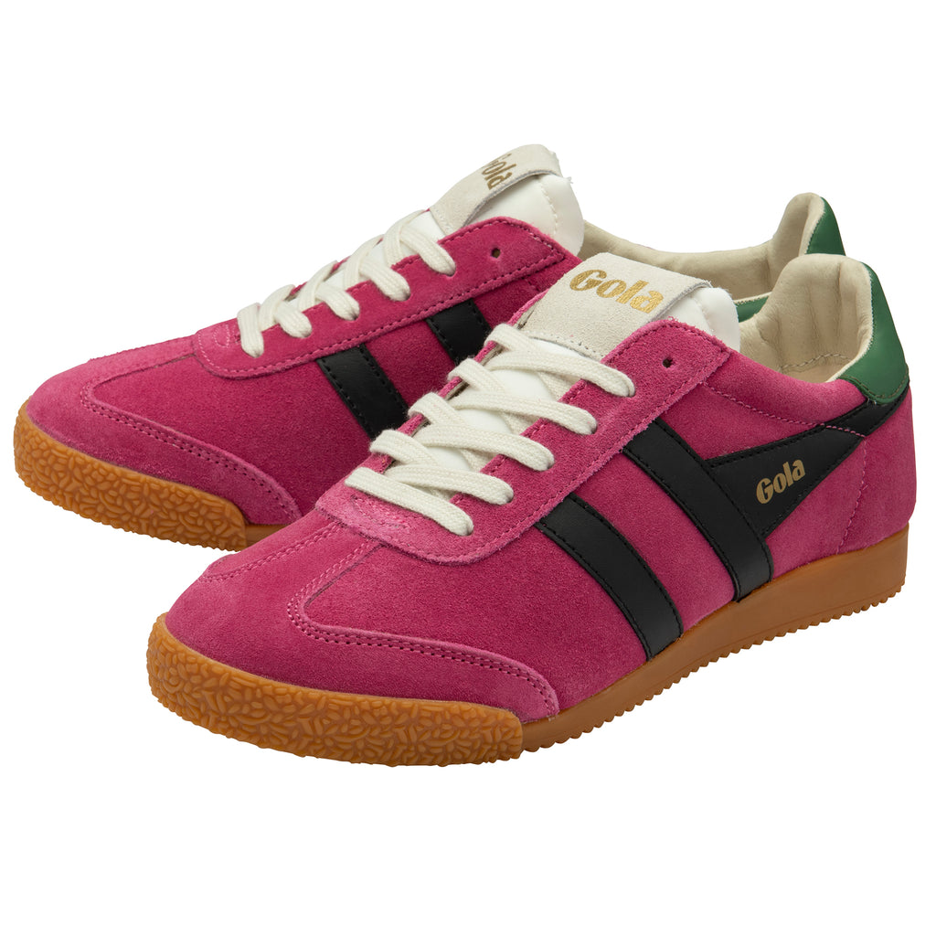 Pink trainers with black accents and white laces on a white background