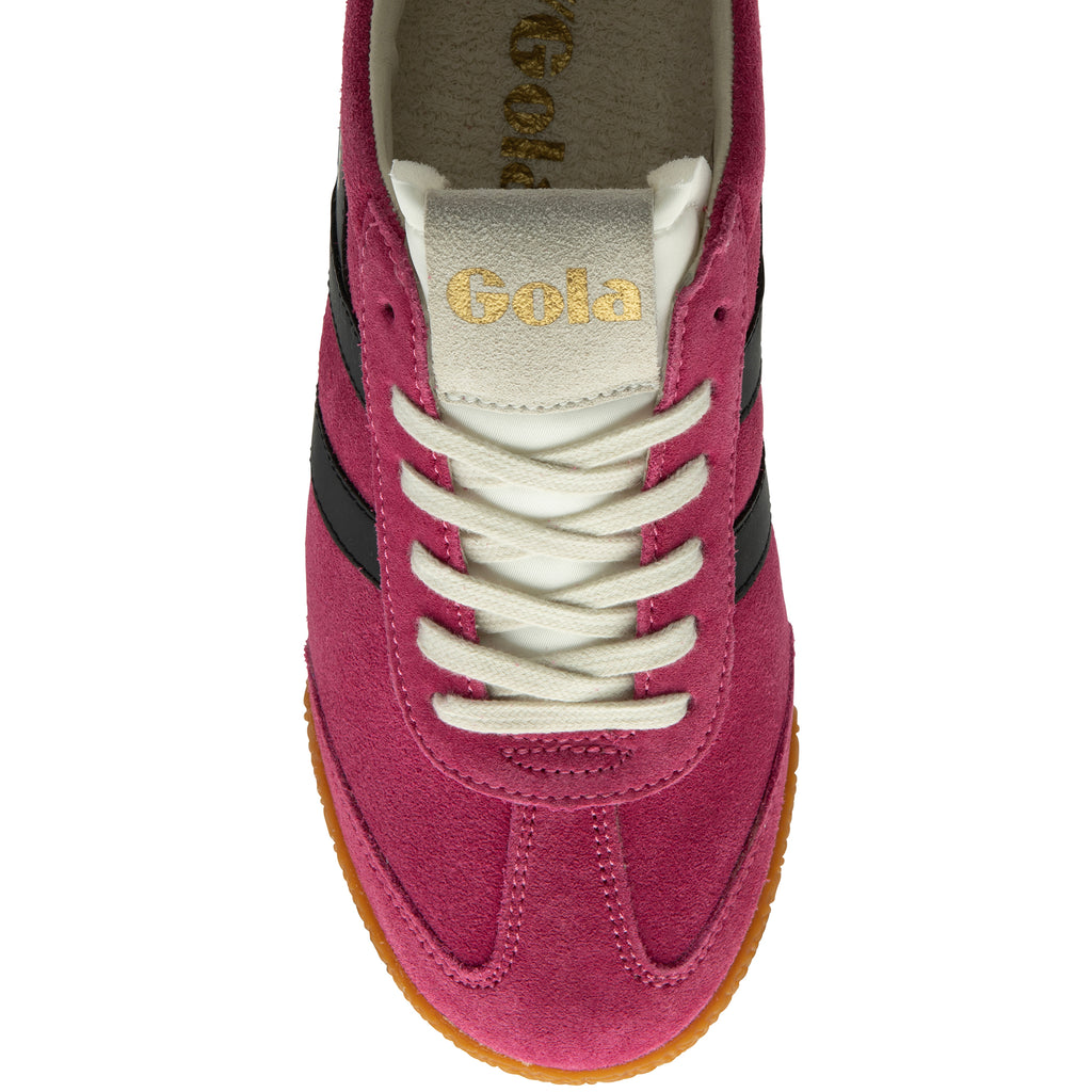 Pink trainer with white laces and visible 'Gola' branding on a white background