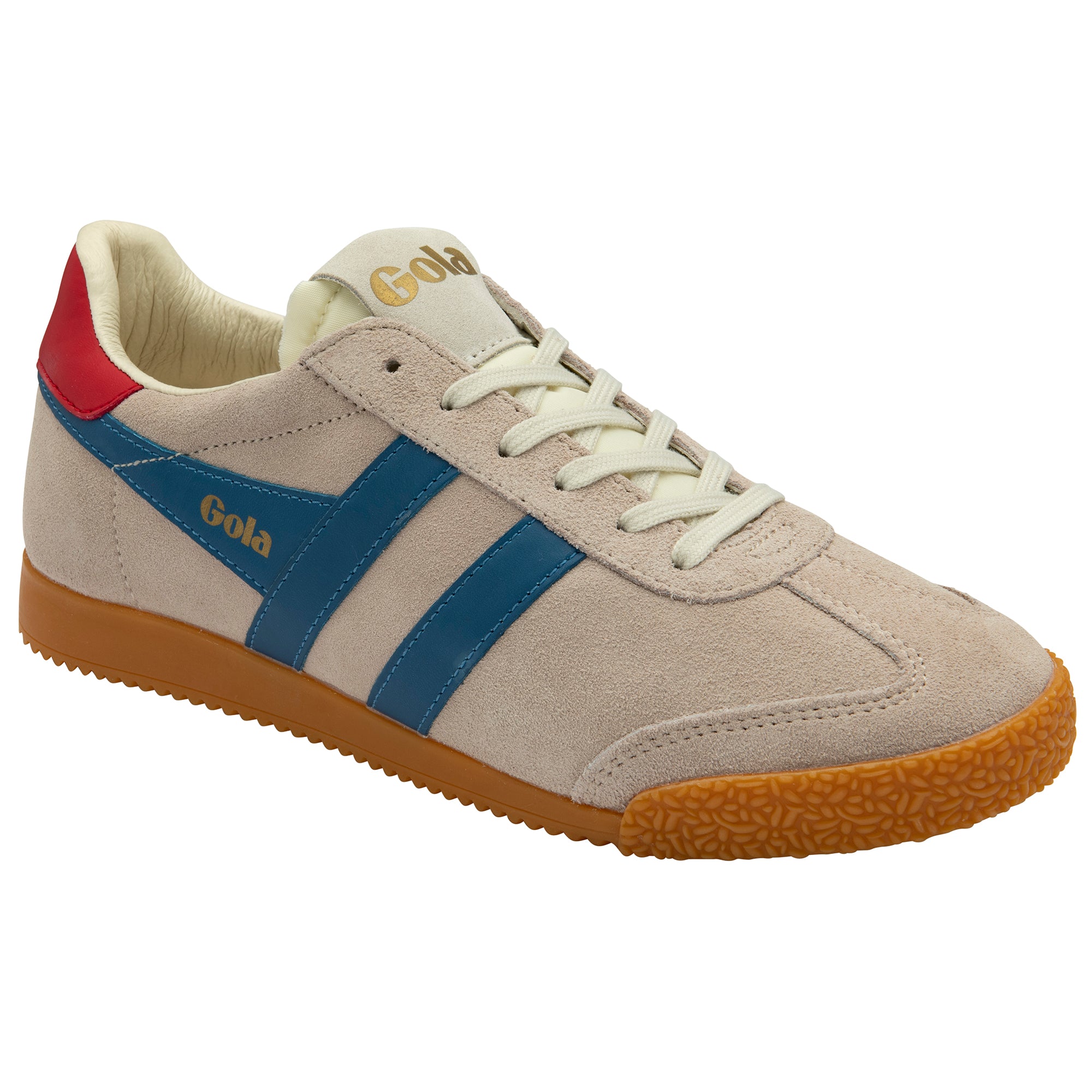 Beige trainer with blue and red accents on a white background