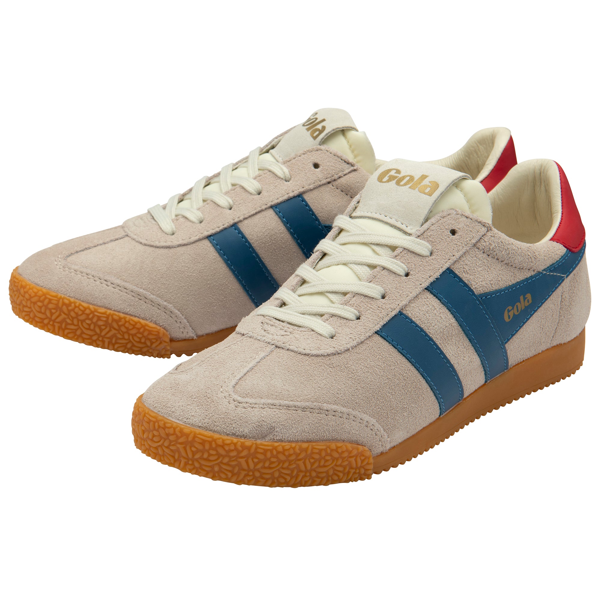 Pair of Gola trainers with beige, blue, and red design on a white background