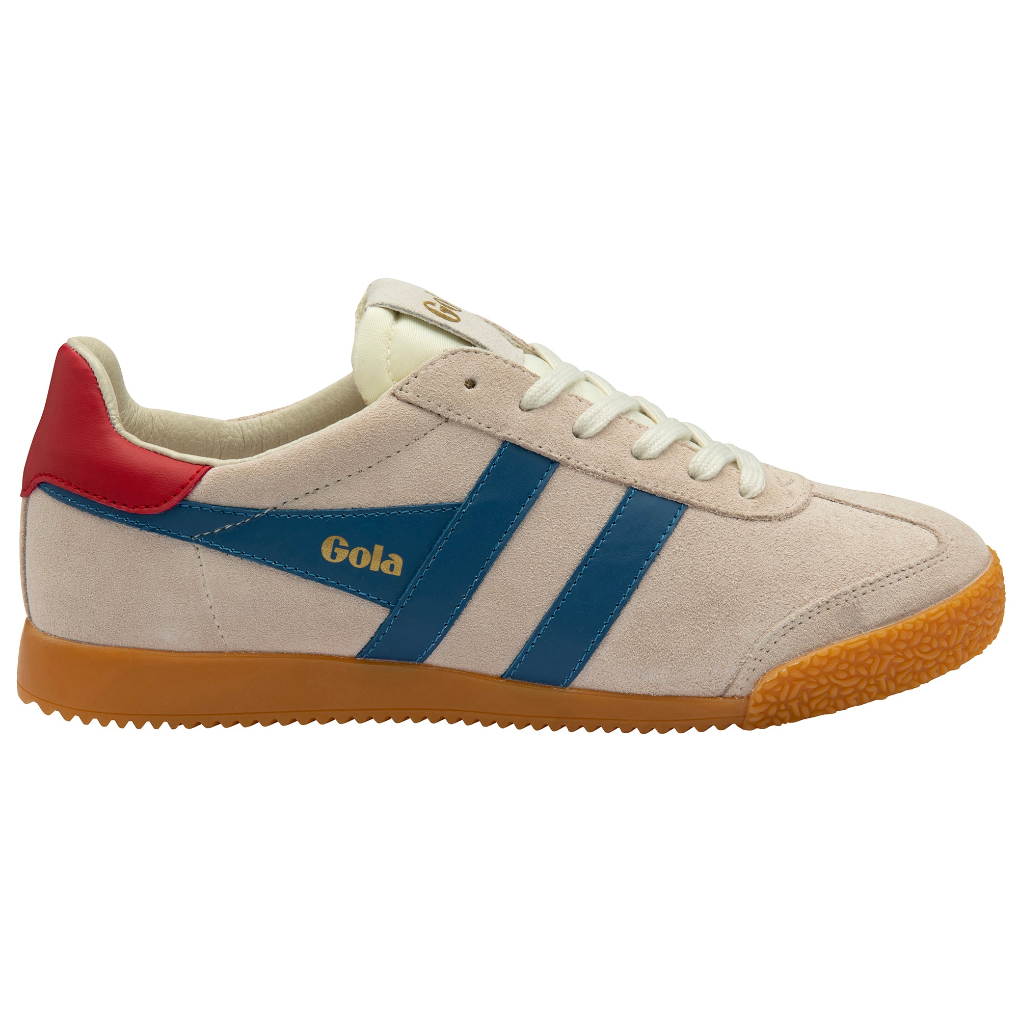 Beige trainer with blue stripes and red accents on a white background