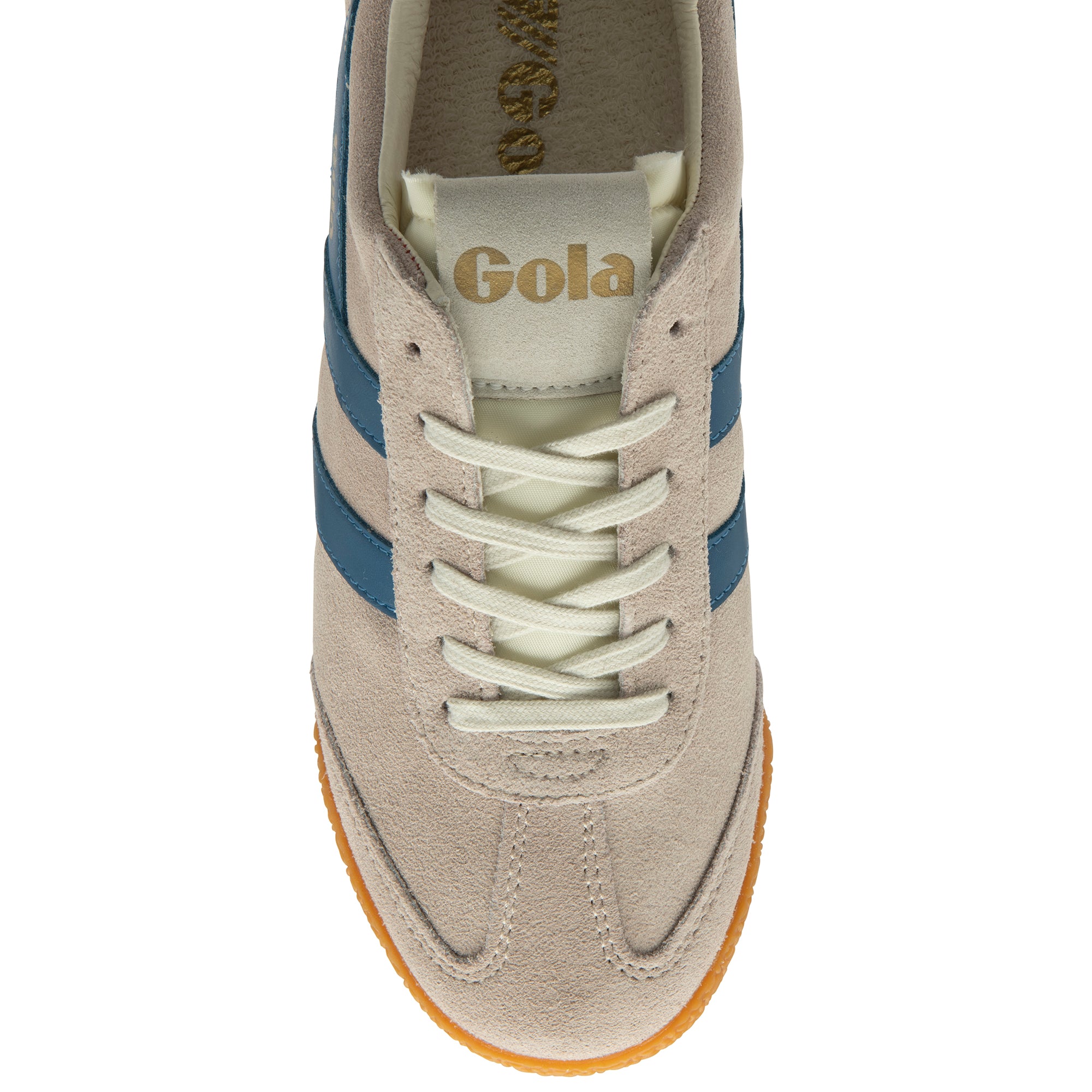 Beige trainer with blue stripes and 'Gola' branding on a white background