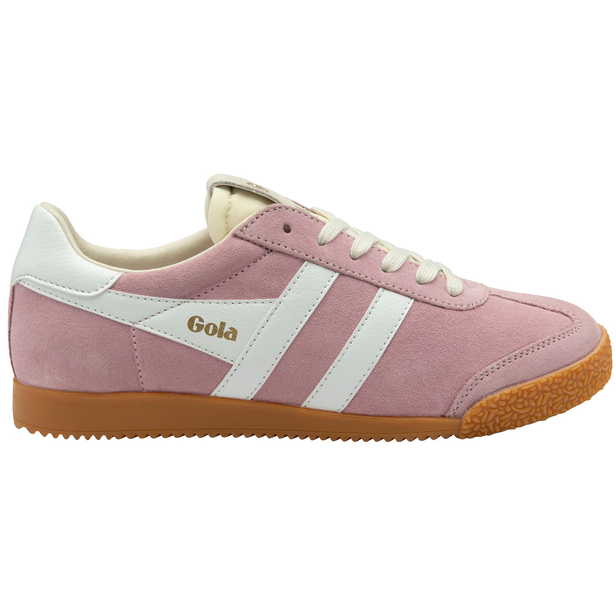 Pink trainer with white stripes and brown sole on a white background