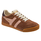 Brown suede Gola trainer with pink stripes and cream laces