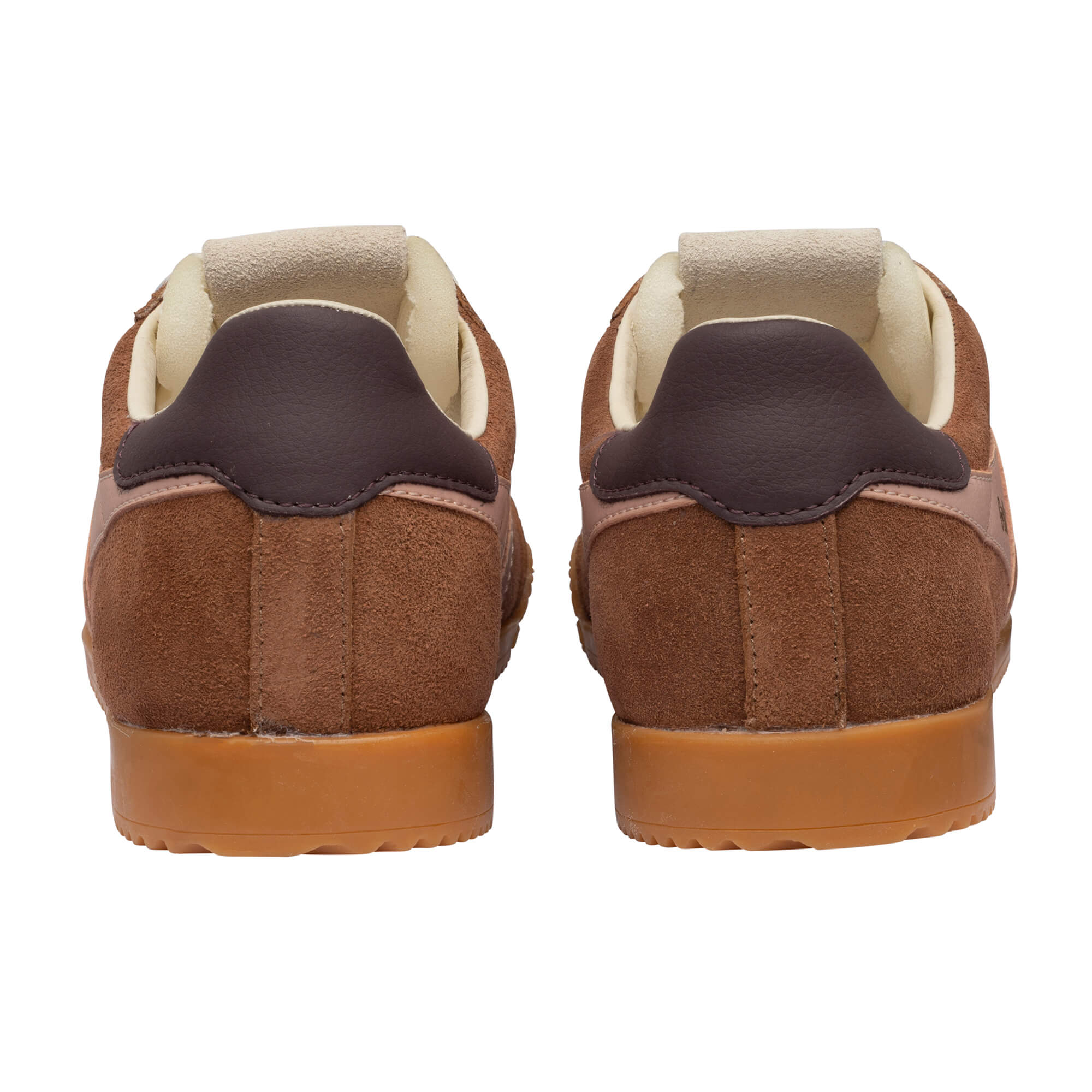 Pair of brown suede trainers with dark brown heel tabs and tan soles, rear view
