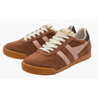 Pair of Gola Harrier trainers in brown suede with pink stripes and white laces