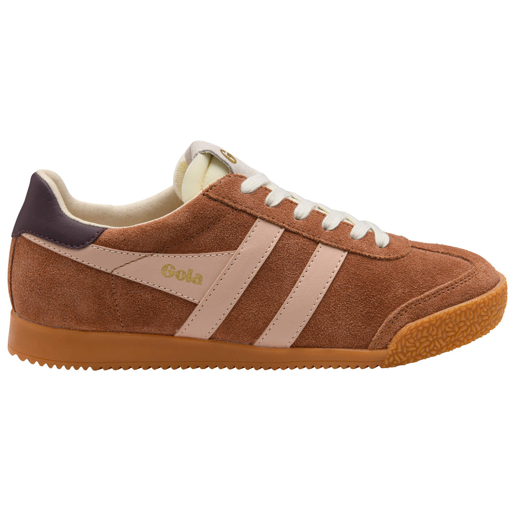 Gola Harrier suede trainers in tan with off-white laces and stripes