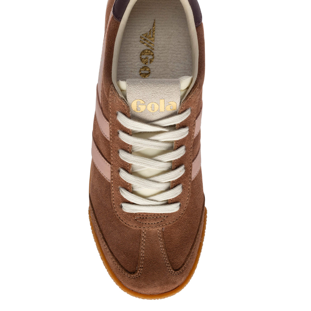 Brown Gola trainer with cream laces and light brown stripes