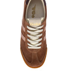 Brown Gola trainer with cream laces and light brown stripes