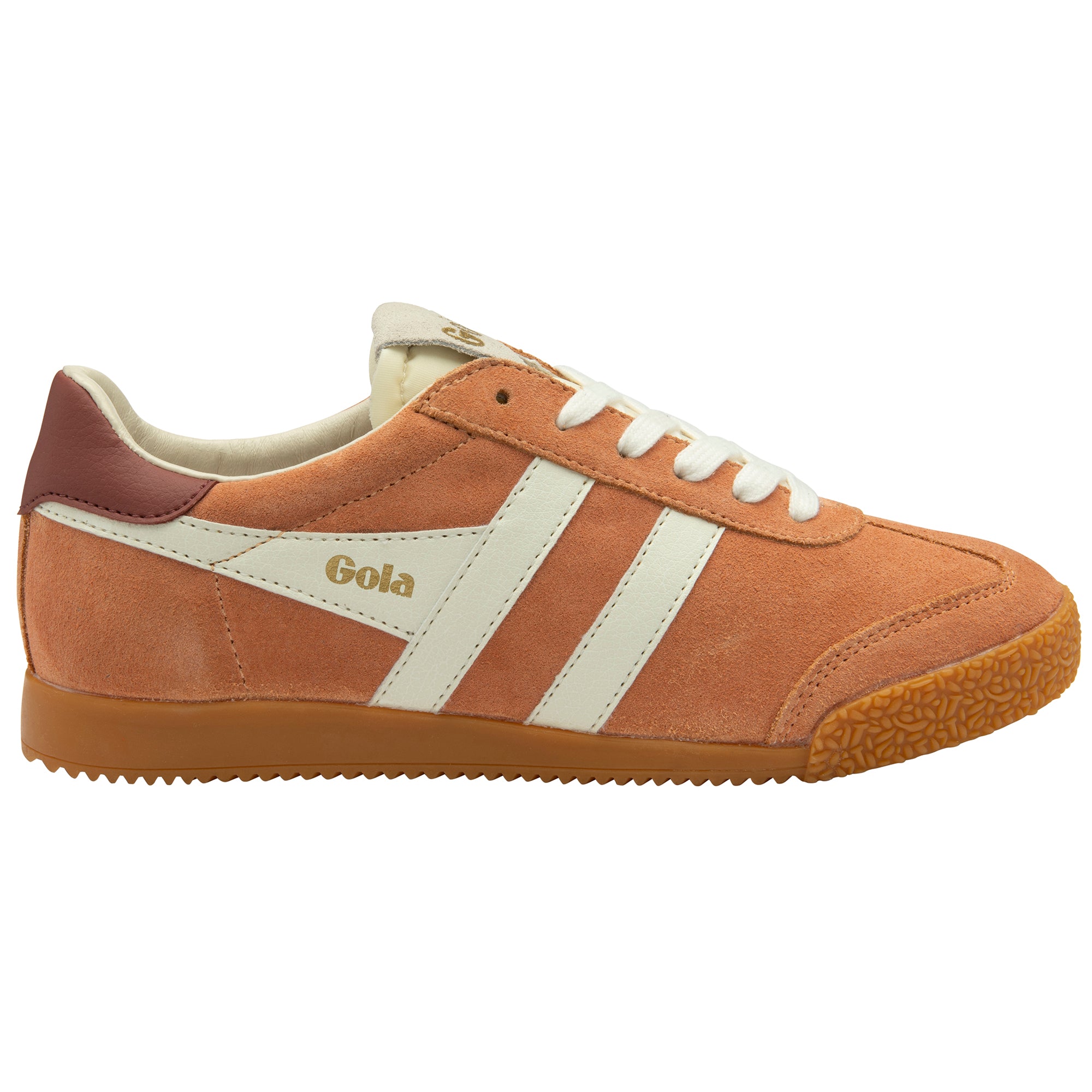 Brown trainer with white stripes and 'Gola' branding on a white background