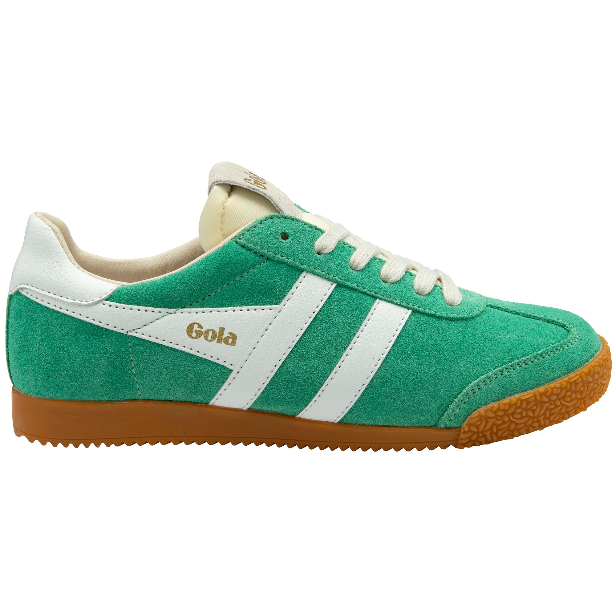Green trainer with white stripes and brown sole on a white background