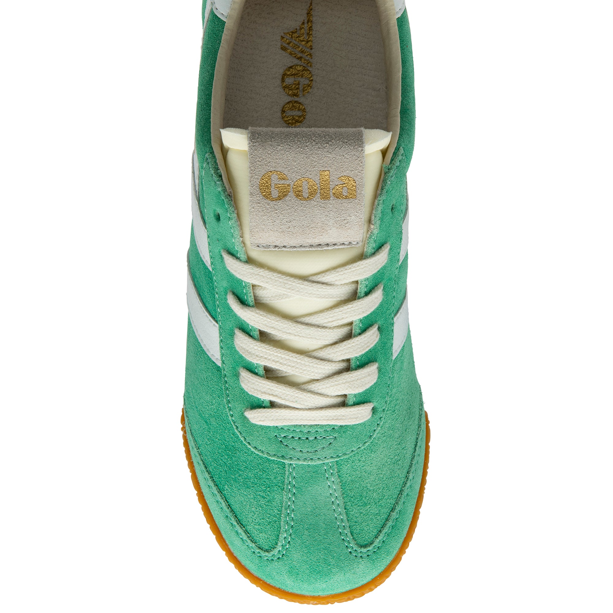 Green trainer with white laces on a white background
