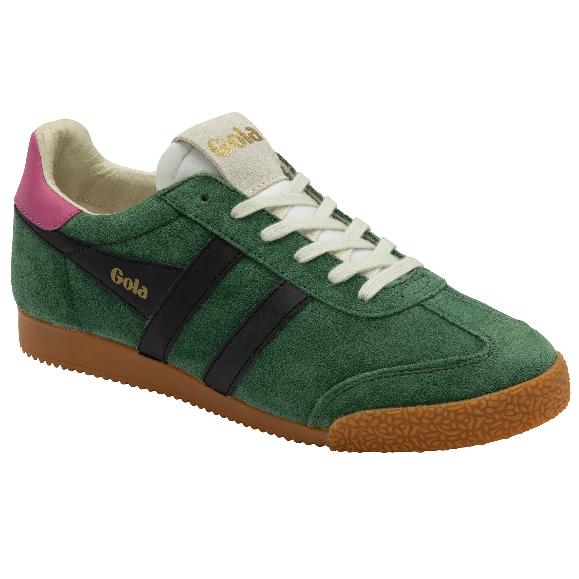 Green trainer with black stripes and brown sole on a white background