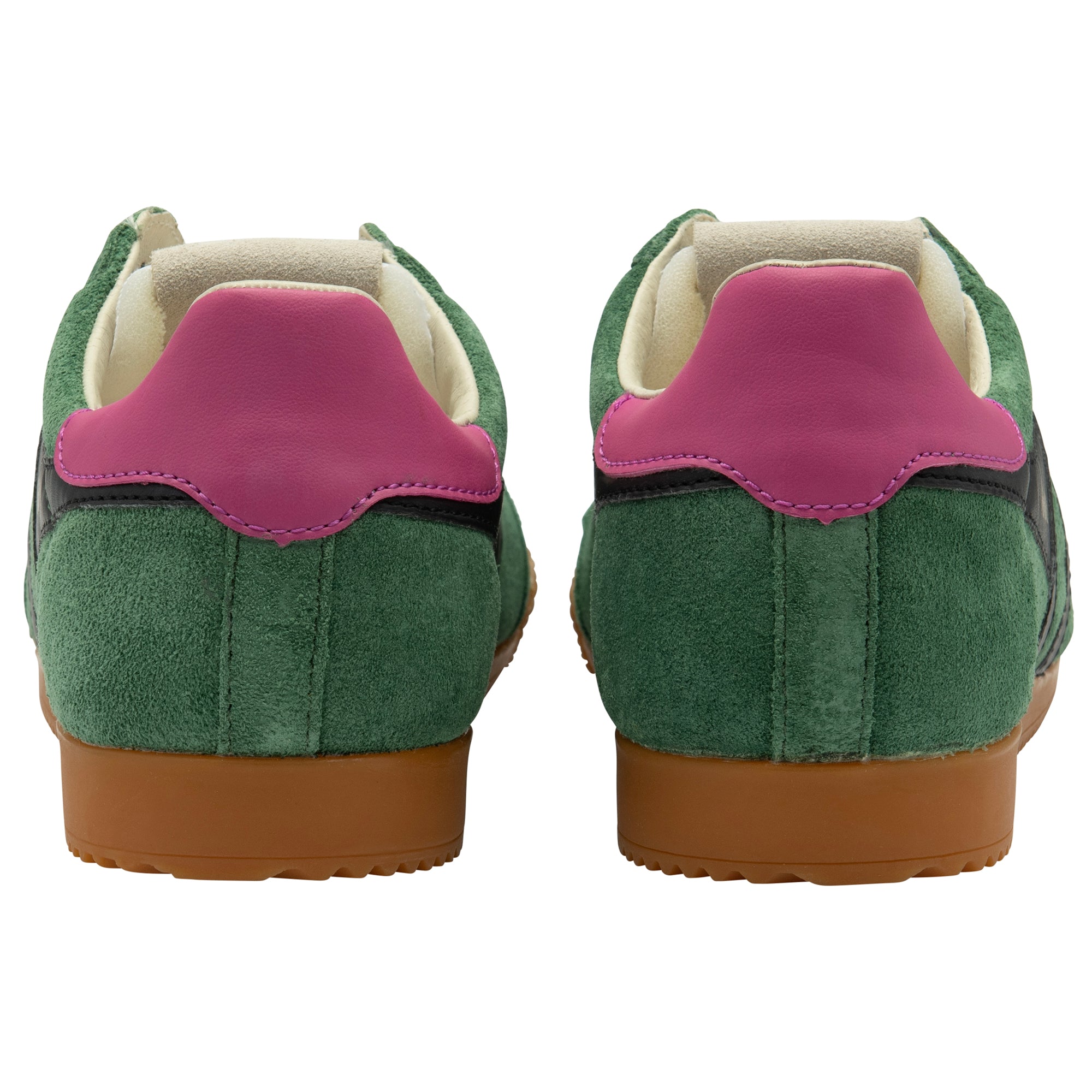 Green trainers with purple heel on a white background
