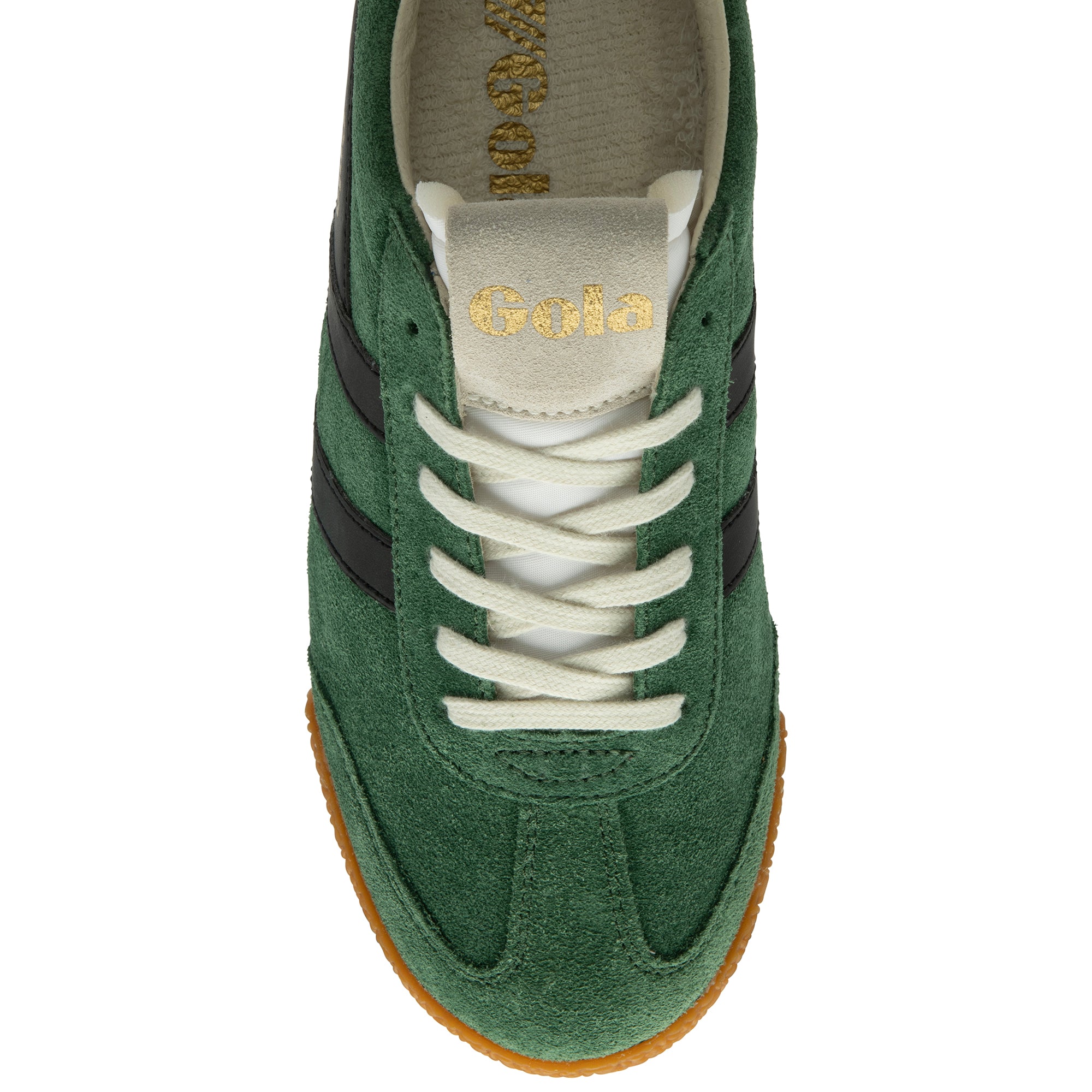 Green trainer with white laces on a white background