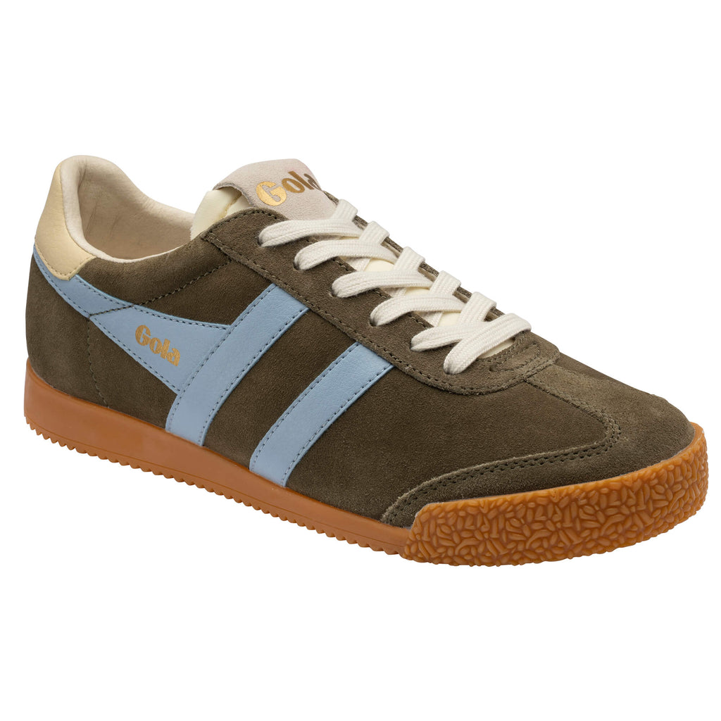 Gola Harrier suede trainers in khaki and light blue with a gum sole