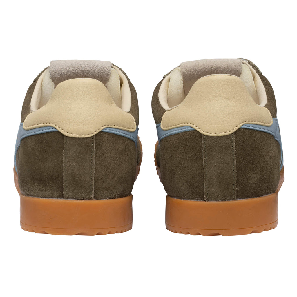 Pair of khaki suede trainers with light blue stripe and tan heel, rear view
