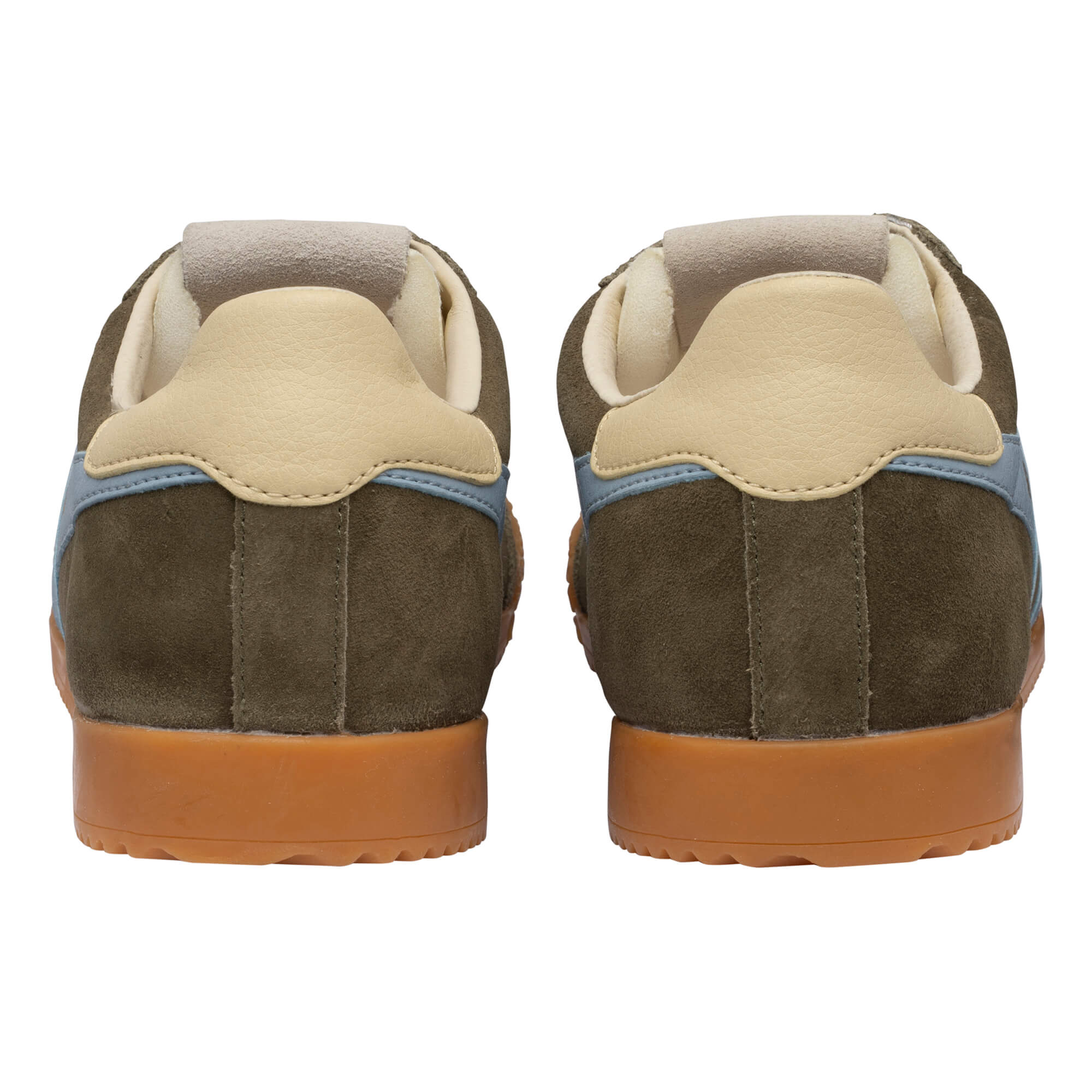 Pair of khaki suede trainers with light blue stripe and tan heel, rear view