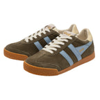Pair of Gola Harrier trainers in khaki suede with light blue stripes and a gum sole
