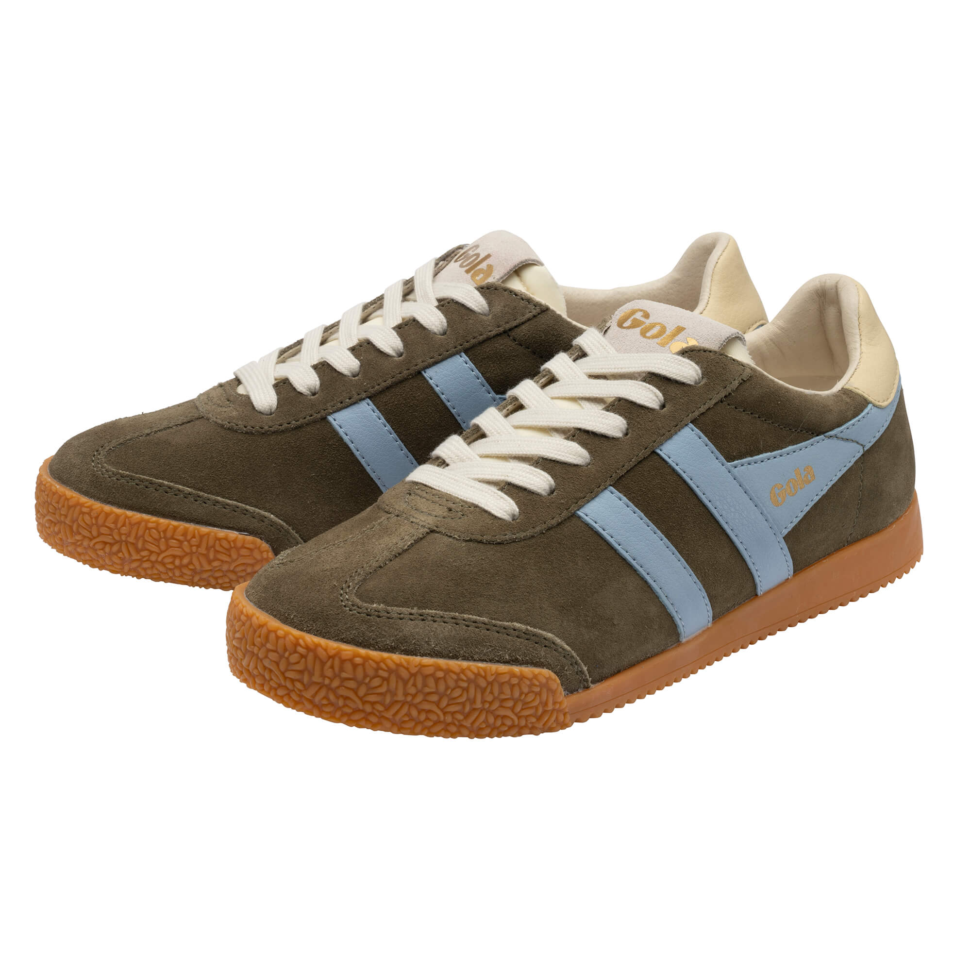 Pair of Gola Harrier trainers in khaki suede with light blue stripes and a gum sole