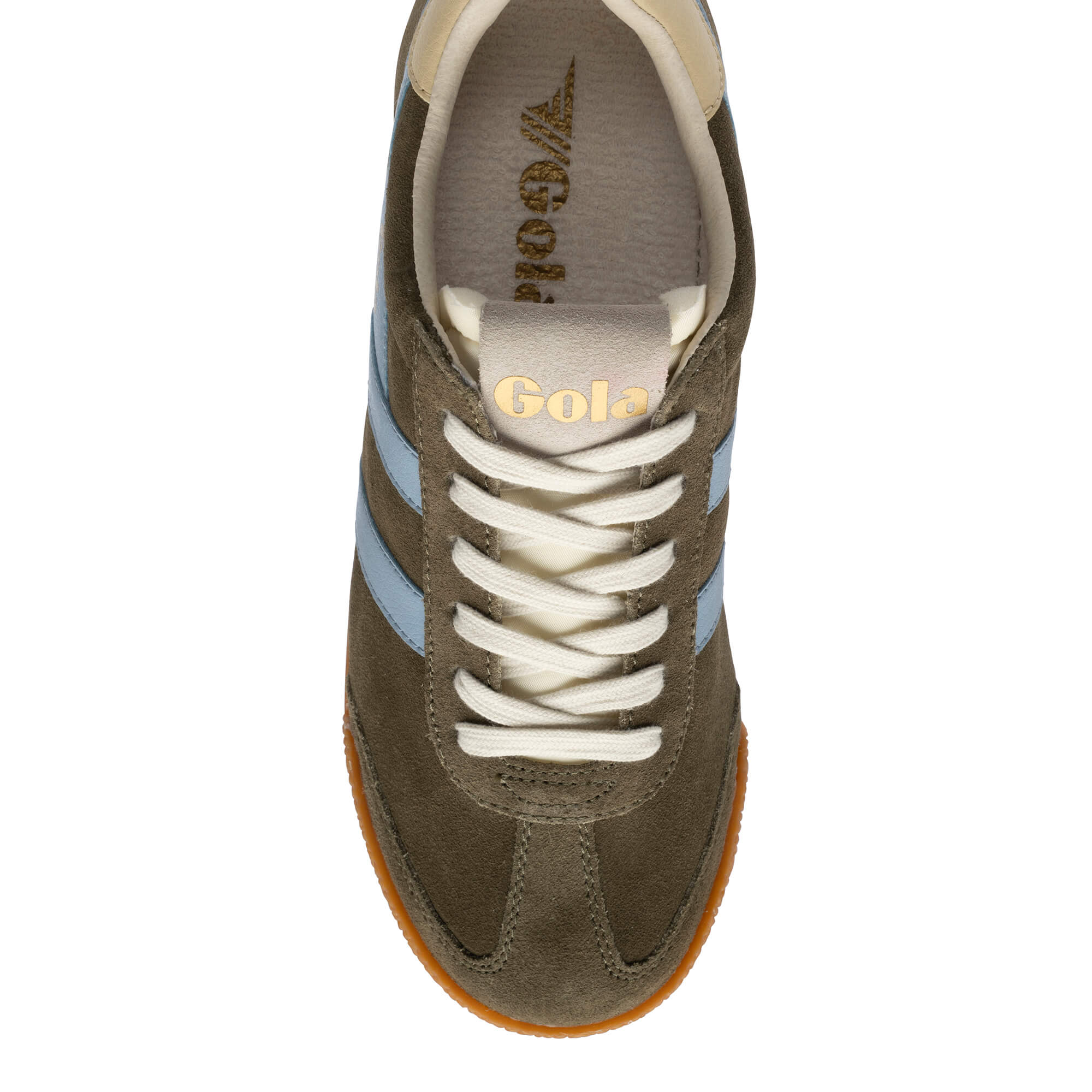 Gola Harrier suede trainers in khaki with light blue stripes and white laces