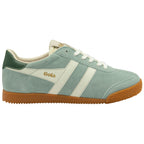 Green trainers with white stripes and gum sole on a white background
