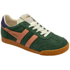 Green trainer with brown accents on a white background