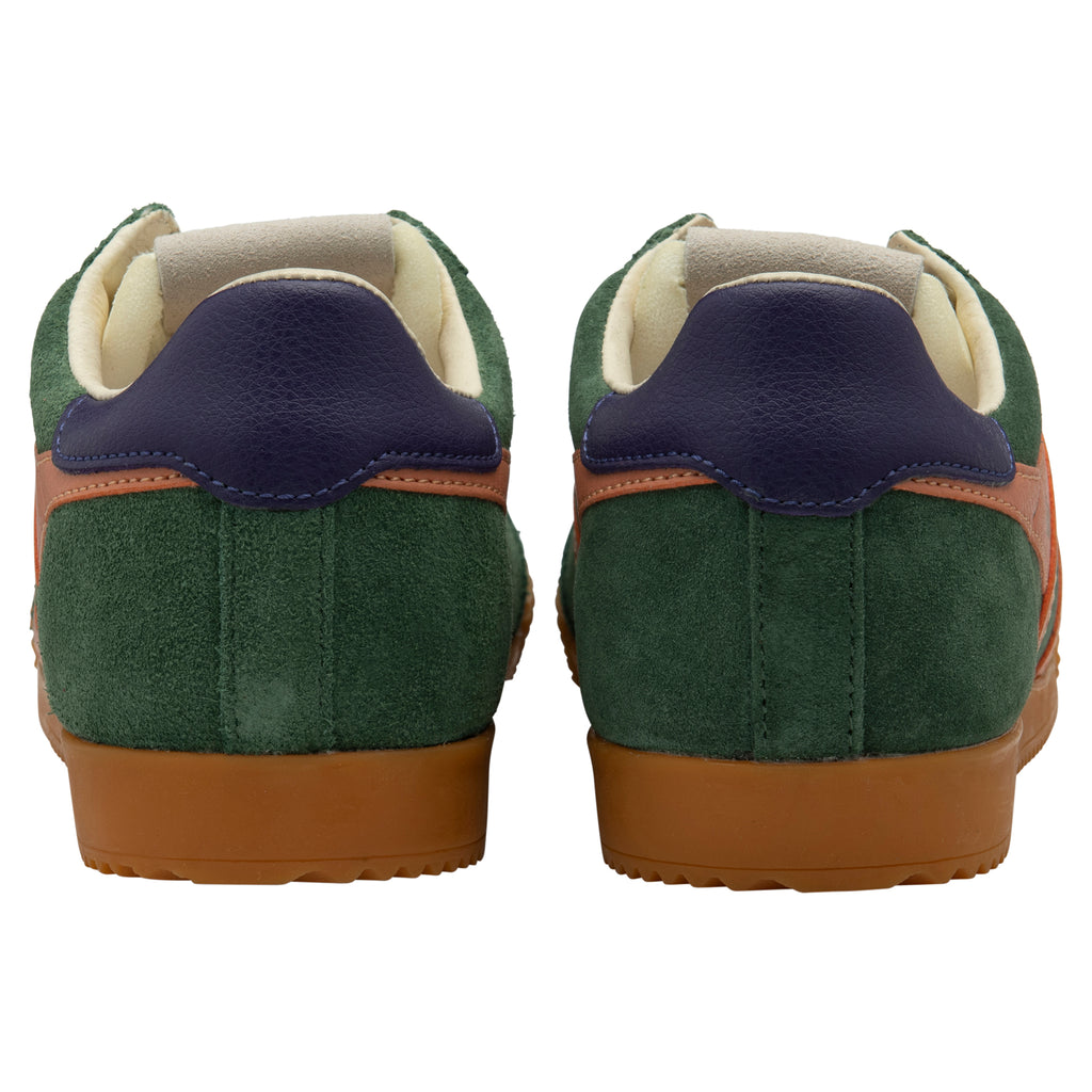 Green trainers with blue accents on a white background