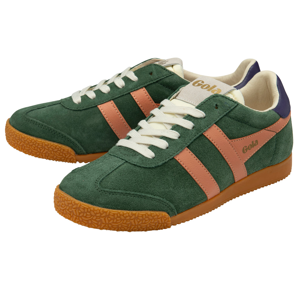 Green trainers with brown soles and tan stripes on a white background